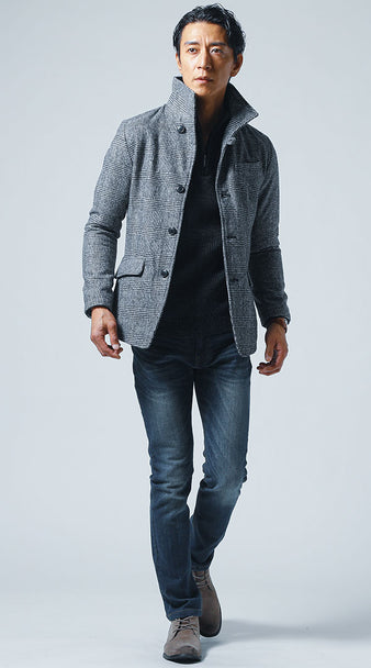 メンズにおすすめのグレンチェックジャケットとデニムを合わせた秋冬シンプルコーデ