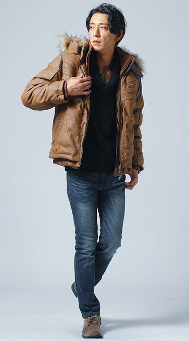 ネイビーパンツを使った冬のメンズコーディネート画像