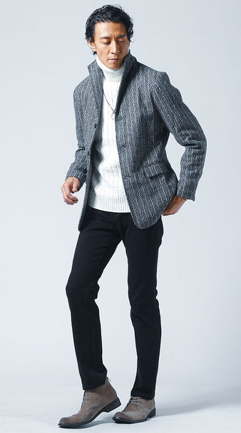 30代メンズにおすすめの秋の夜景デート向けジャケットとタートルネックニットのコーデ