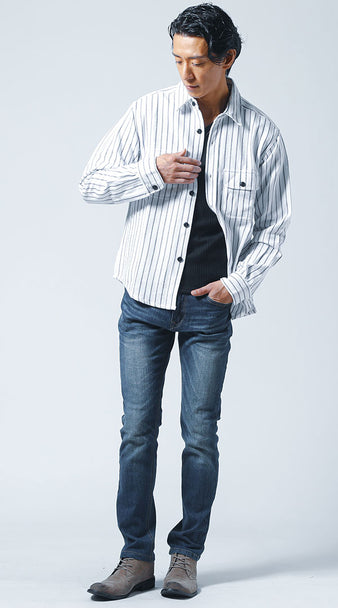 30代メンズの春におすすめのストライプシャツ×デニムコーデ