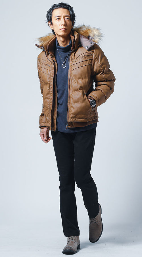 メンズにおすすめのネイビーニット×レザーアウターコーデ