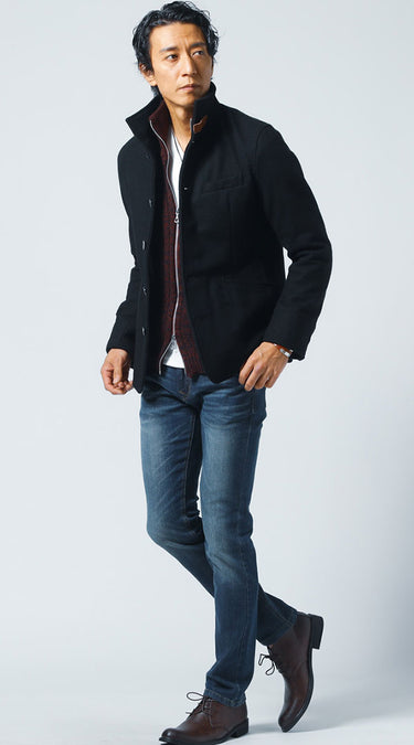 自然とカッコよくキマるスタンドカラーコートのコーデ