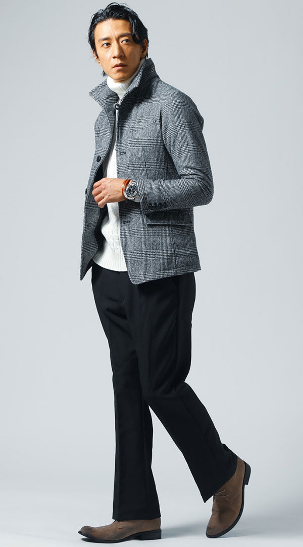 グレンチェックジャケット　白タートルネックニット　黒フレアパンツ　メンズ コーデ 40代 50代 男性 冬 に合う おすすめ 着こなし おしゃれ かっこいい 人気