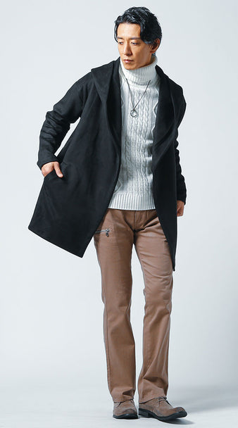 メンズにおすすめのブーツカットカーゴパンツの冬コートコーデ