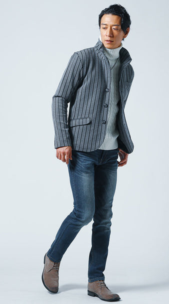 メンズの10月下旬におすすめのイタリアンカラージャケットとタートルネックニットの防寒コーデ