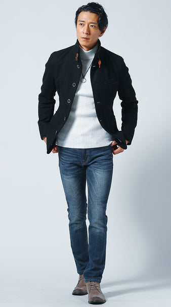 メンズにおすすめの黒ジャケットと白タートルネックを合わせた秋冬シンプルコーデ