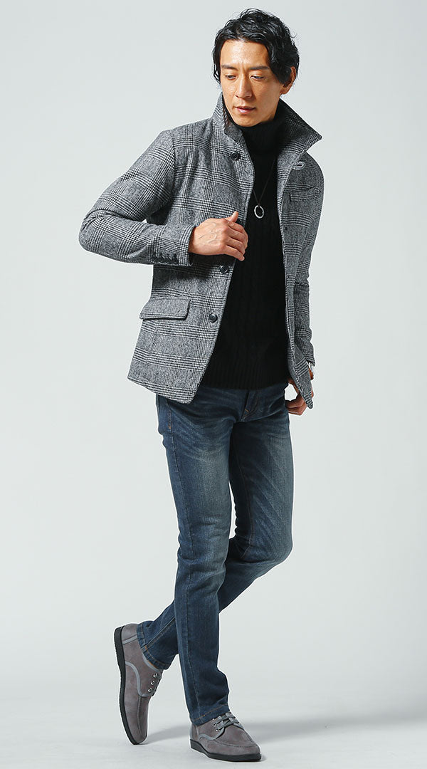 グレンチェックジャケット　黒ニット　ネイビーデニムパンツ　メンズ コーデ 40代 50代 男性 冬 に合う おすすめ 着こなし おしゃれ かっこいい 人気
