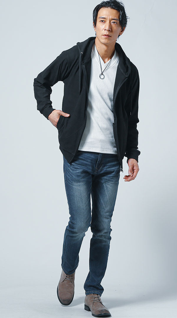 黒ジップパーカー　白長袖Tシャツ　ネイビーデニムパンツ　snp_kw1644