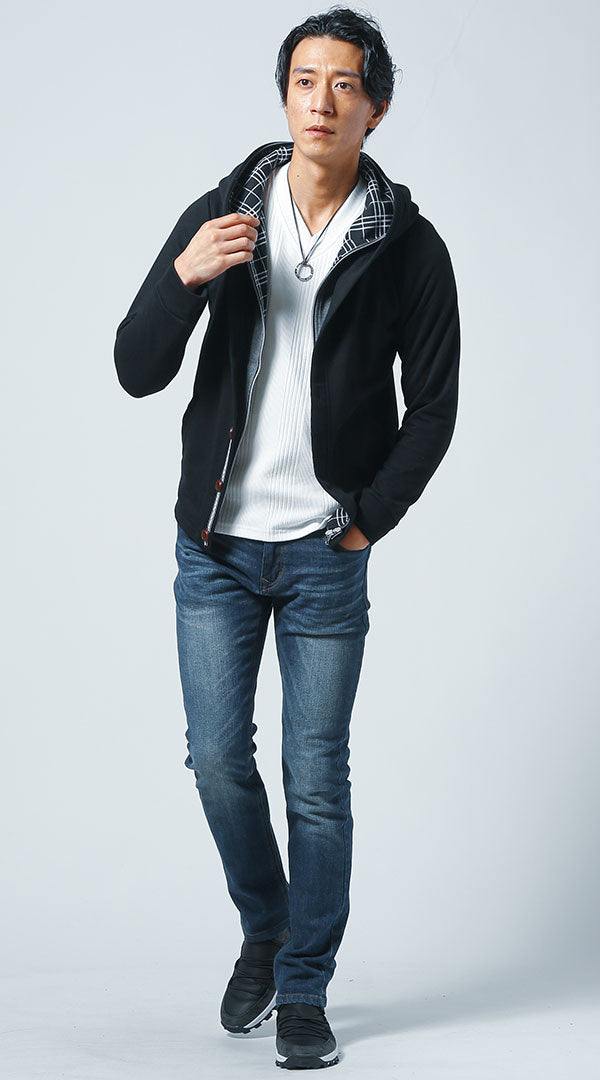 春アウター メンズ コーデ 30代 カジュアル パーカー デニム