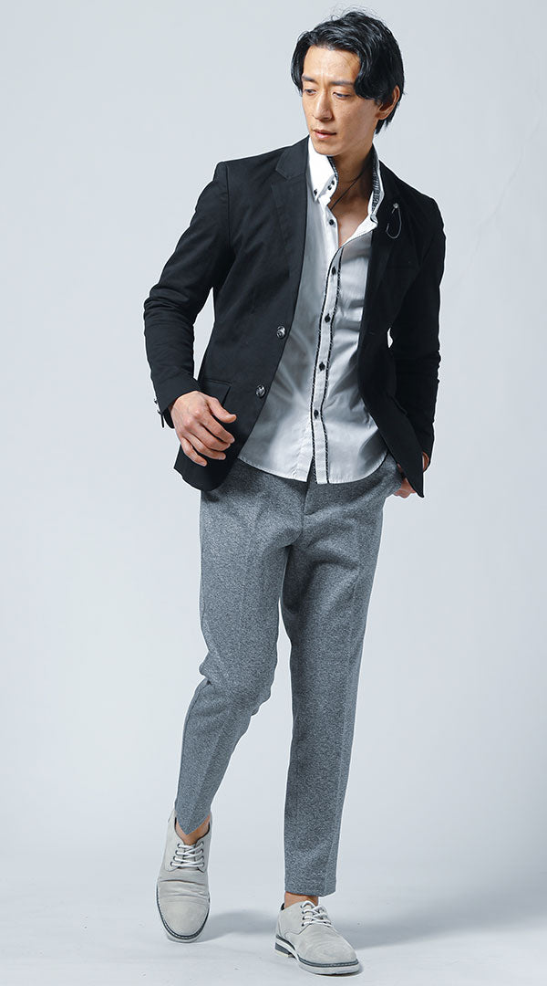 黒テーラードジャケット　白長袖シャツ　グレーテーパードパンツ　グレーシューズ　snp_kx1463