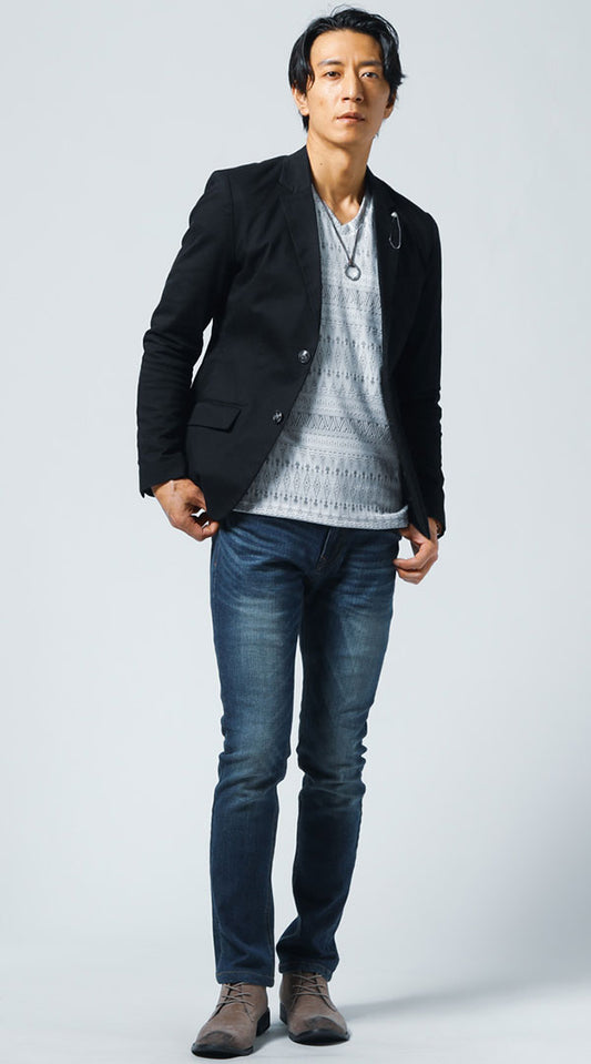 黒テーラードジャケット　白×グレー長袖Tシャツ　ネイビーデニムパンツ　snp_kx0304