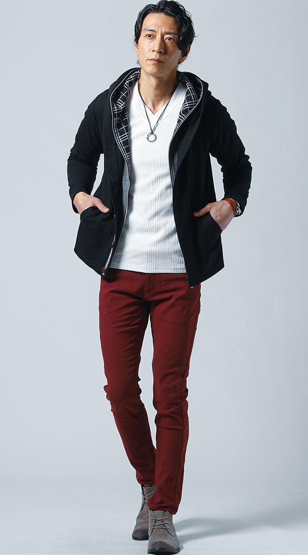 ピンク/黒ジャケット➕ワインレッドパンツセット ボルドー・ワイン