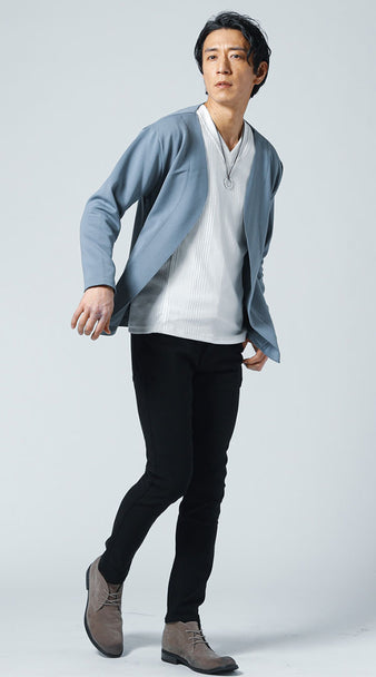 メンズにおすすめの黒パンツとカーディガンの春夏向け爽やかコーデ