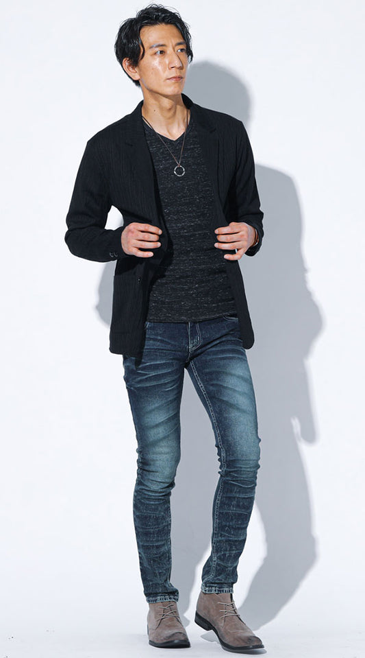 黒テーラードジャケット　黒半袖Tシャツ　ダークブルーデニムパンツ　snp_li1685