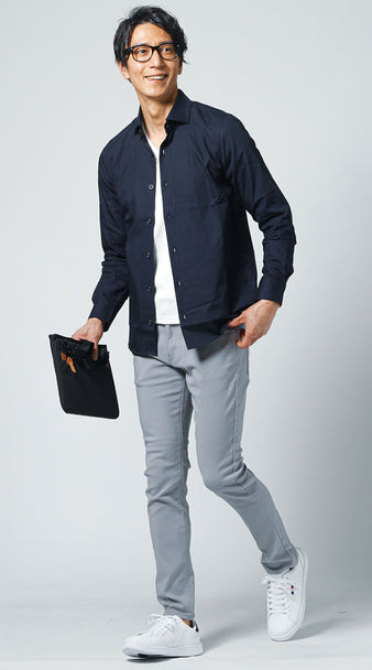 メンズにおすすめの高身長向けグレースラックスのジャケシャツコーデ