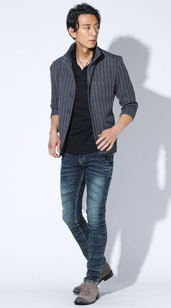 メンズにおすすめのジャケット×ポロシャツ×デニムパンツのコーデ例