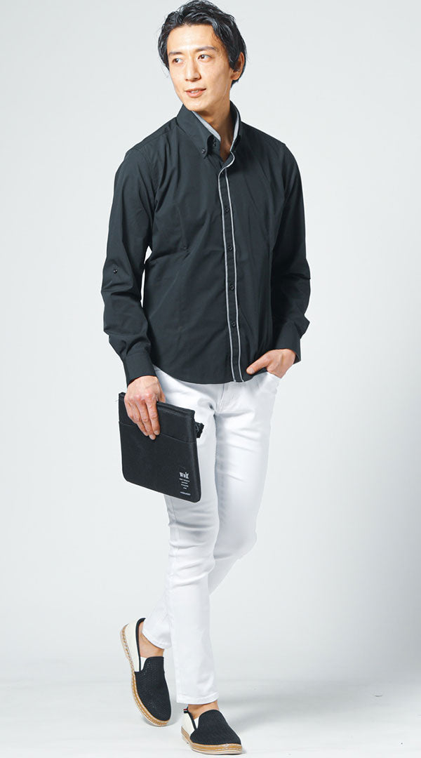 ブラックシャツ（千鳥格子チェック）　白パンツ　メンズ コーデ 40代 50代 男性 人気 春 秋 に合う おすすめ 着こなし おしゃれ かっこいい