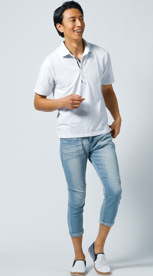 白ポロシャツ　ブルーデニムパンツ　snp_lq1811