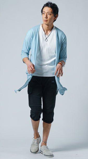 7分袖サマーニットロングカーディガン×Tシャツ×パンツのコーディネート