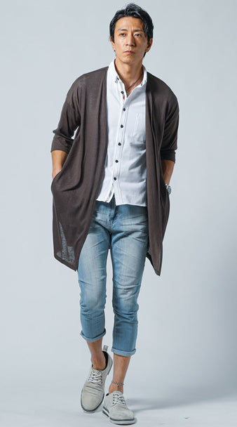 7分袖サマーニットロングカーディガン×シャツ×パンツのコーディネート