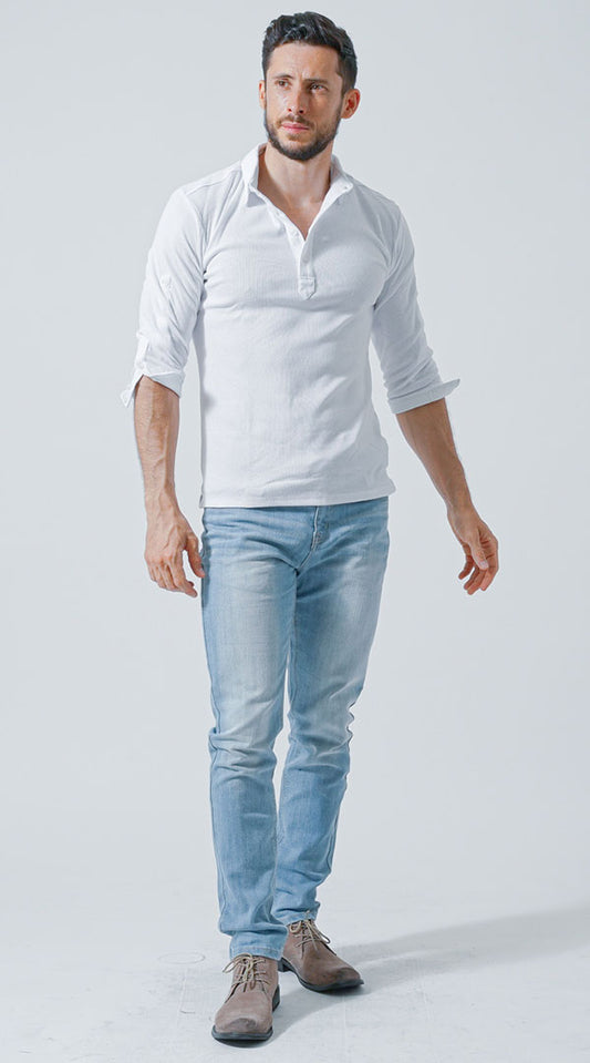 【がっちり体型】白ポロシャツ　ブリーチデニムパンツ　snp_lw1796