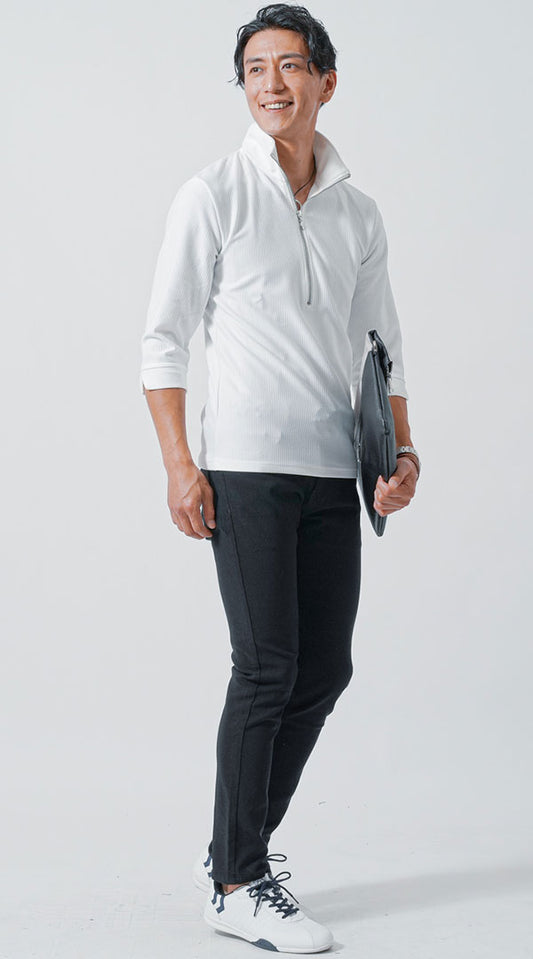 白７分袖ポロシャツ　黒テーパードパンツ　白スニーカー　snp_ma1828