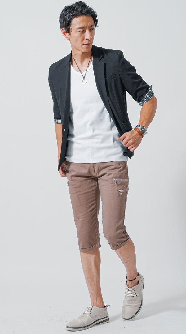 黒５分袖ジャケット コーデ メンズ 40代 50代 30代 春 夏 カジュアル 白Tシャツ　ベージュクロップドチノパンツ　snp_ma0671