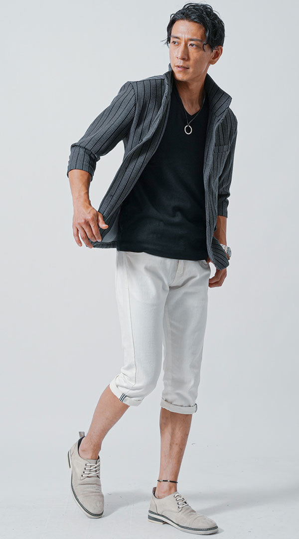 グレー黒7分袖ジャケット コーデ メンズ 40代 50代 30代 春 夏 カジュアル 黒Tシャツ　白クロップドチノパンツ　snp_ma1966