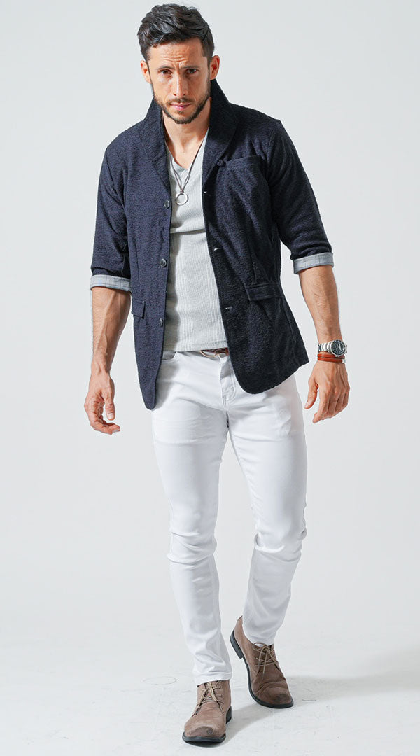 【がっちり体型】ネイビージャケット コーデ メンズ 50代 40代 春 夏 カジュアル 杢グレーTシャツ　白パンツ　snp_lw0594