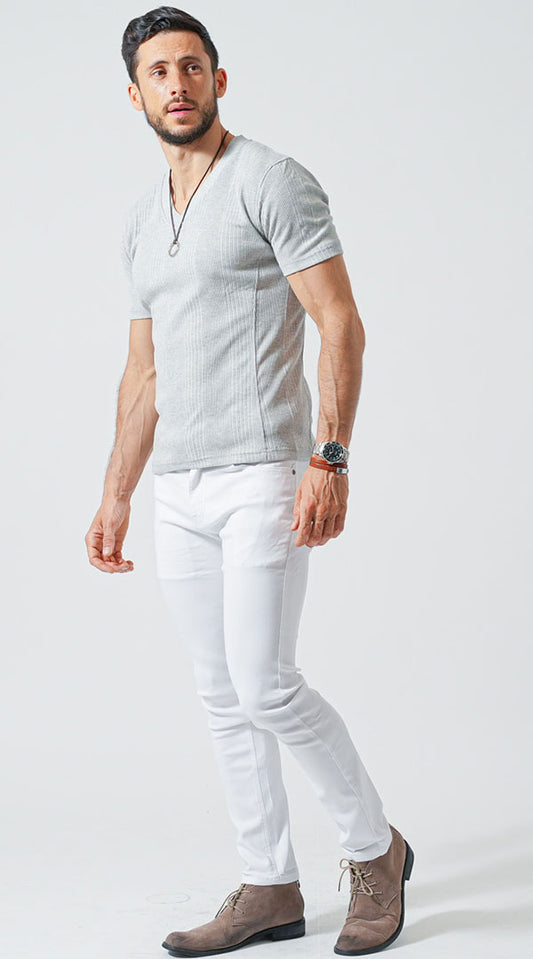 【がっちり体型】杢グレーTシャツ　白パンツ　snp_lw0518