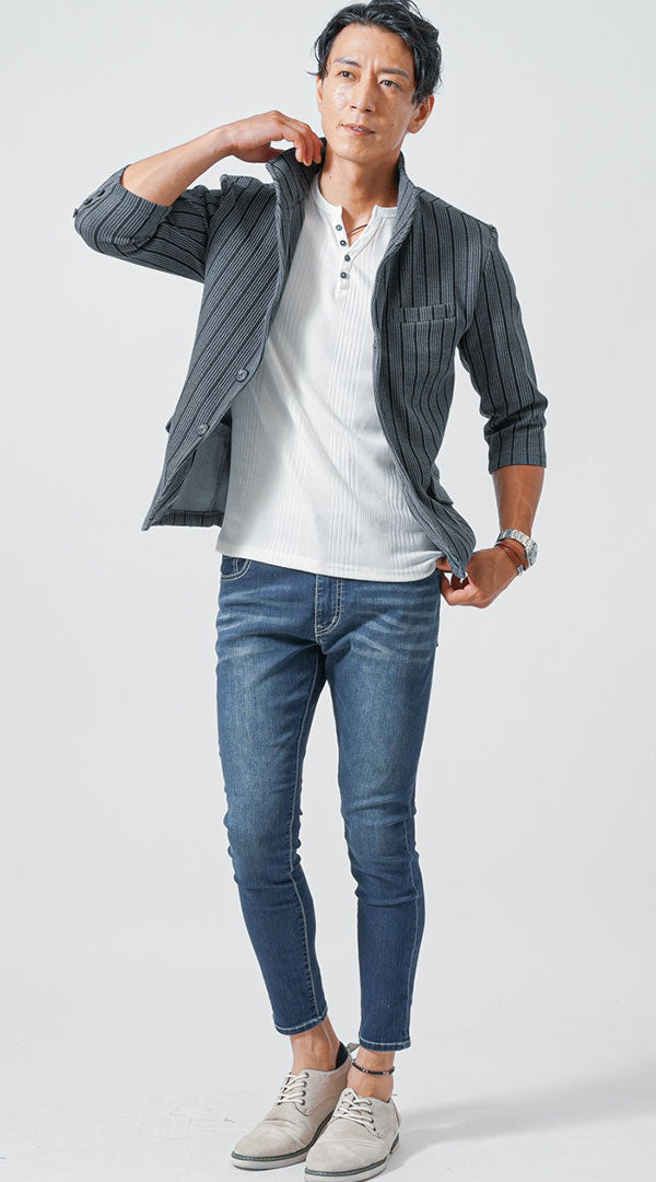 グレー黒7分袖ジャケット コーデ メンズ 40代 50代 30代 春 夏 カジュアル 白Tシャツ　インディゴアンクルデニムパンツ　snp_mb0099