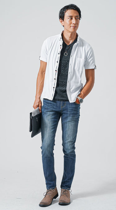 メンズにおすすめの人気ブランド細身ポロシャツのコーデ例