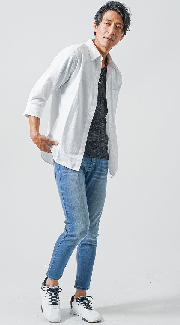 白黒パナマ織り7分袖シャツ×杢半袖VネックTシャツ2枚セット　snp_me1503