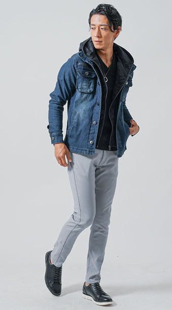 グレーチノパンツ×カジュアルジャケットの秋コーデ例