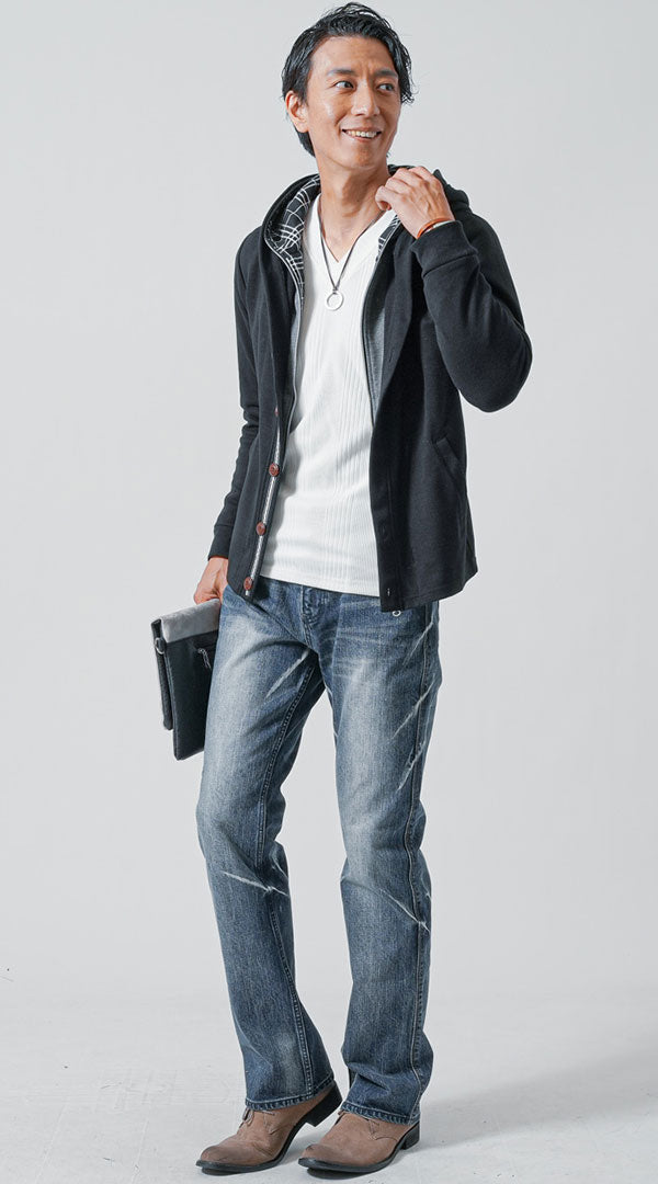 黒ダブルフードパーカー コーデ メンズ 40代 50代 30代 春 秋 カジュアル 白Tシャツ　ブルーデニムパンツ　snp_mi0600