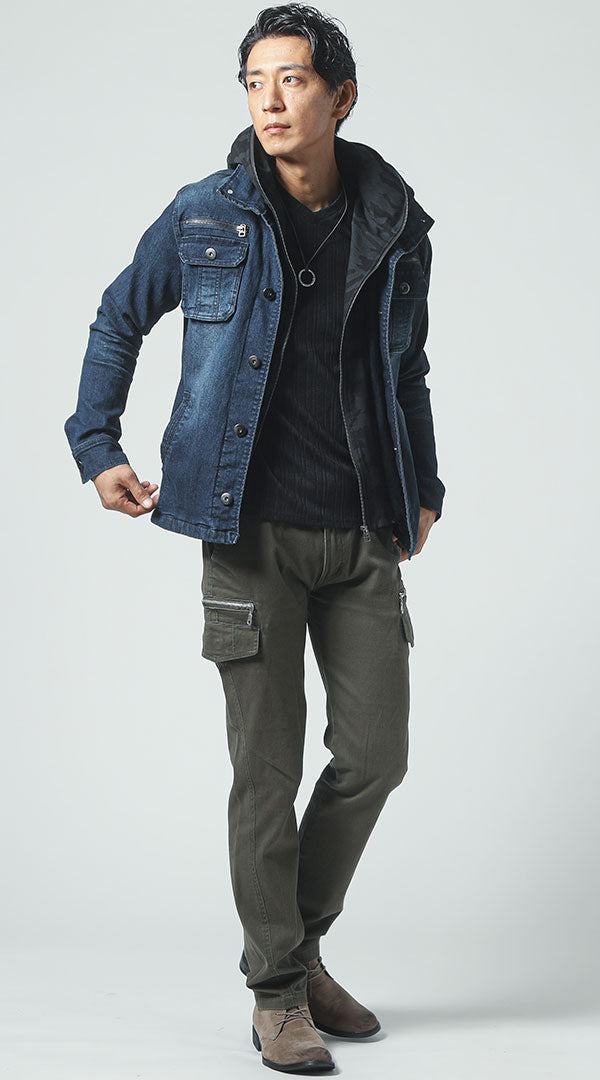 40代メンズにおすすめのカーゴテーパードパンツとデニムジャケットの秋コーデ