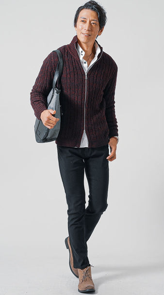 メンズにおすすめのワインレッドジップアップニットを使った秋服コーデ