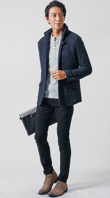 ブーツカットパンツ×イタリアンカラージャケットのメンズコーデ