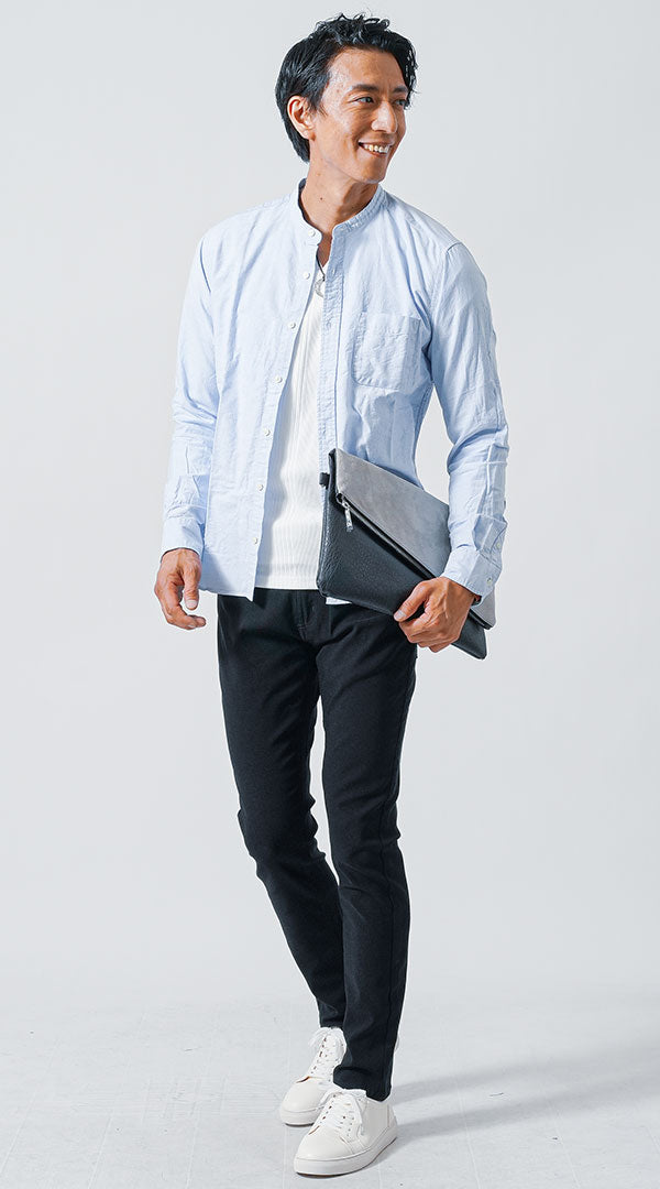 40代メンズ3点コーデセット　日本製サックス長袖バンドカラーシャツ×白長袖袖Tシャツ×黒スリムチノパンツ