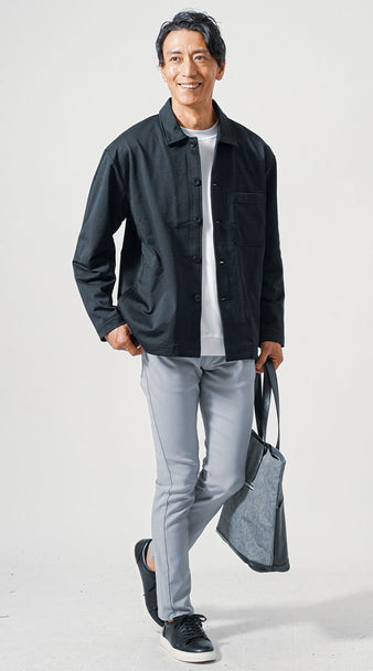 メンズにおすすめの配色切り替えトートバッグとジャケットコーデで清潔感と品格を演出