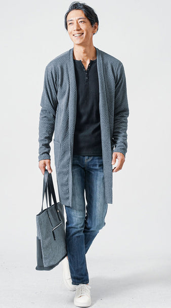 ロングカーディガン×ロンT×パンツのコーディネート