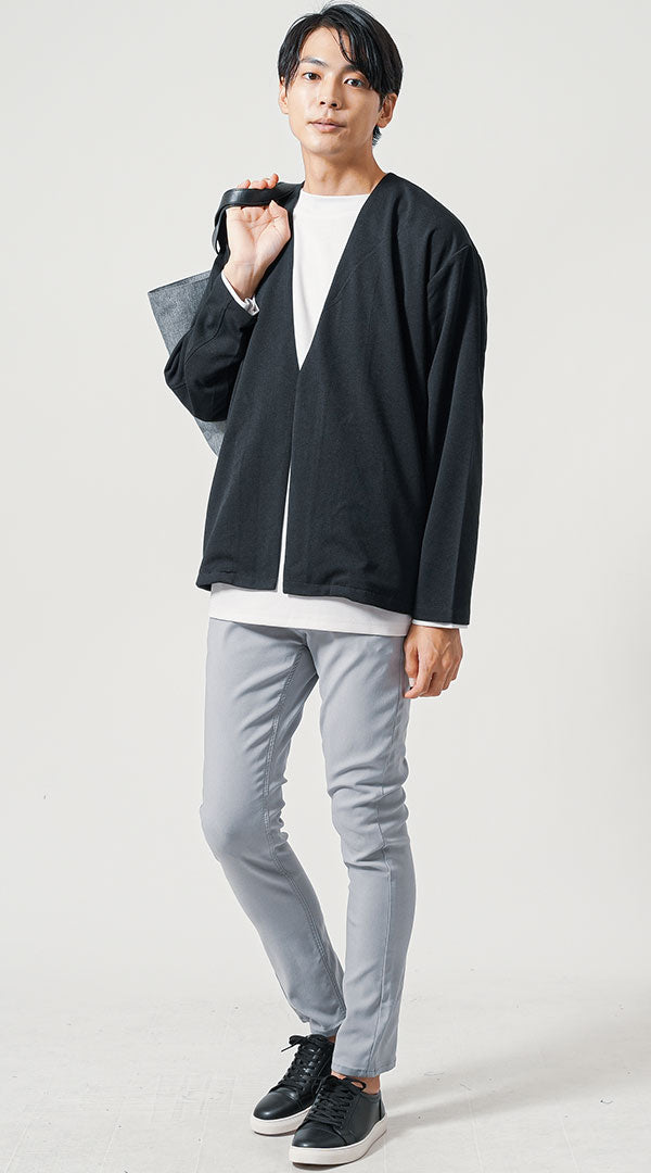 【20代】黒ジャケット コーデ メンズ 30代 40代 春 秋 カジュアル 白Tシャツ　グレーパンツ　snp_mp0760