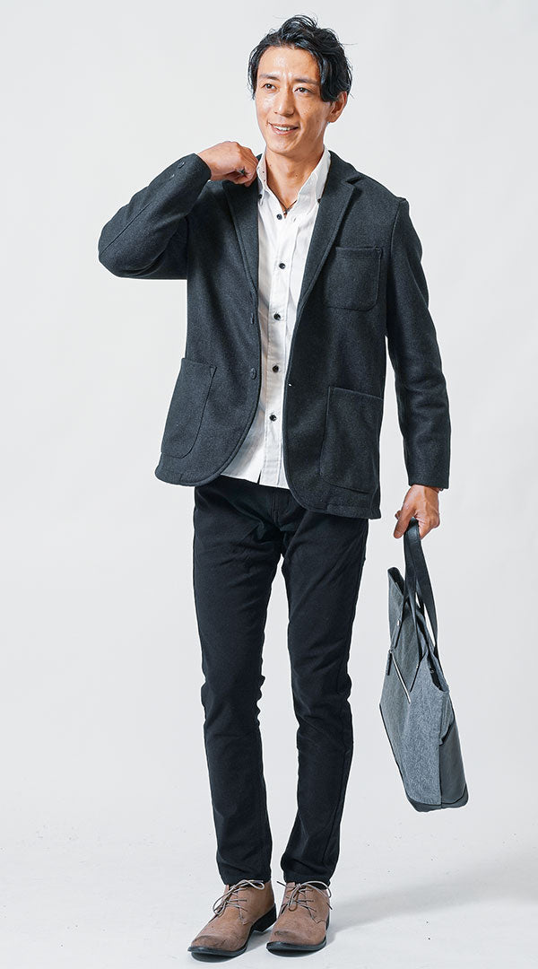 チャコールジャケット コーデ メンズ 40代 50代 30代 春 秋 カジュアル 白シャツ　黒パンツ　snp_mr0232
