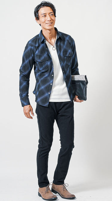 青系黒チェックシャツのおすすめコーディネート例