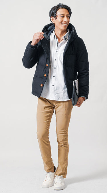 冬のシャツ・ダウンジャケットコーデ