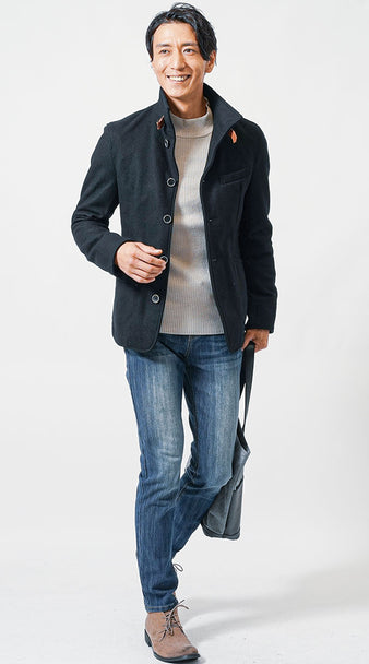 メンズにおすすめの10月下旬立ち襟コートとリブニットのあたたかみある秋コーデ