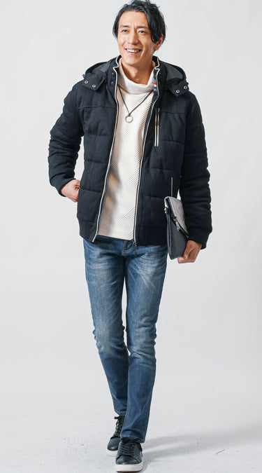 ネイビーパンツを使った冬のメンズコーディネート画像