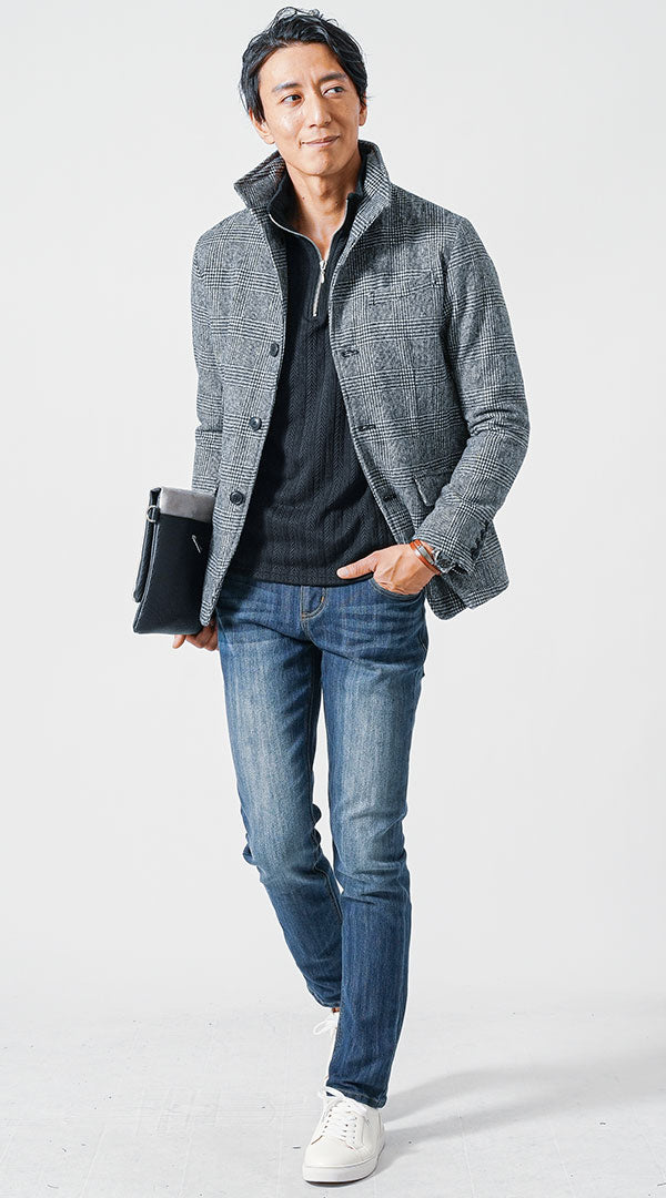 グレンチェックカラージャケット　黒ハーフジップポロシャツ　メンズ コーデ 40代 50代 男性 冬 に合う おすすめ 着こなし おしゃれ かっこいい 人気