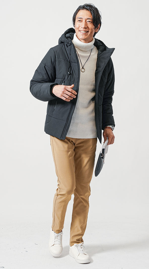 メンズにおすすめの防風中綿アウターとデニムの冬カジュアルコーデ