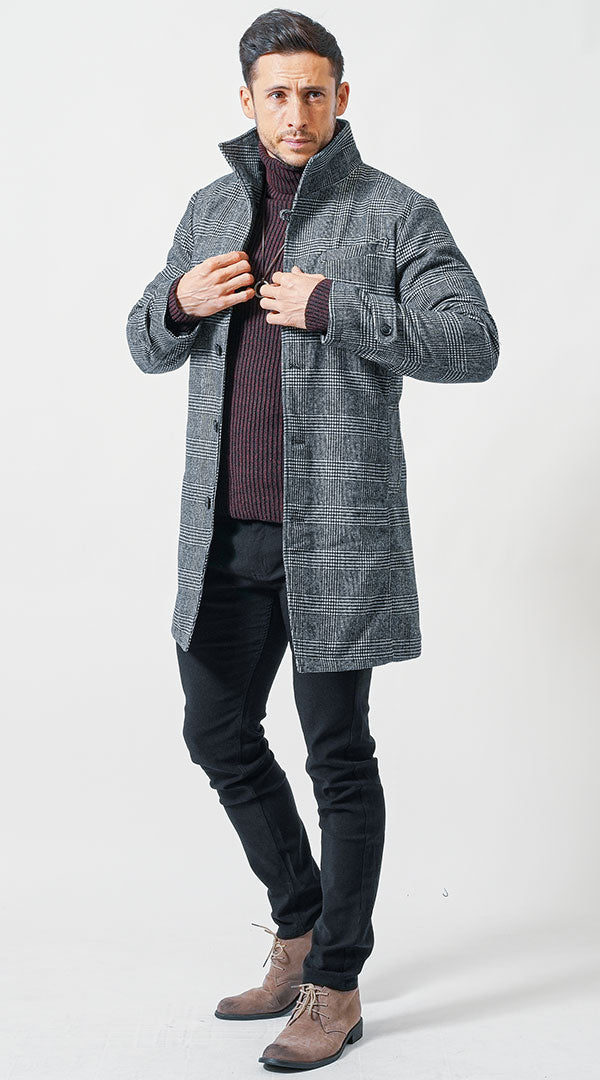 メンズにおすすめのチェスターコートと黒スキニーパンツの冬のきれいめコーデ